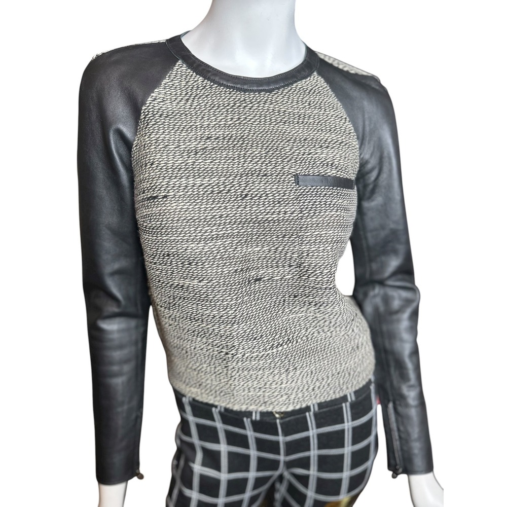 Phillip Lim 3.1 Tweed Wool Top Lamb Leather Sleeves Size 2 Runway Collection